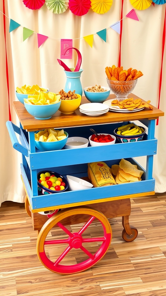 A colorful snack cart featuring chips, dips, fruit skewers, and a variety of snacks for a gathering.